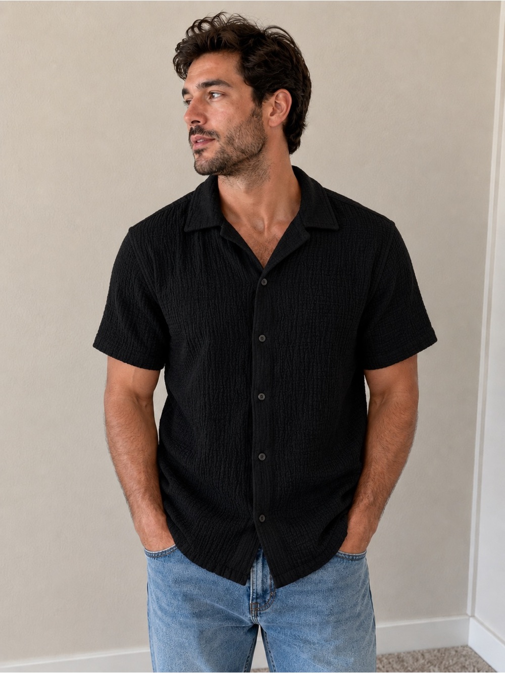 Distortion Men's Black Short-Sleeve Button-Down Shirt - Minimal Textured Design